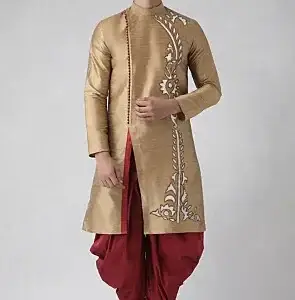 Embroidered Dupion Silk Kurta Set in Beige