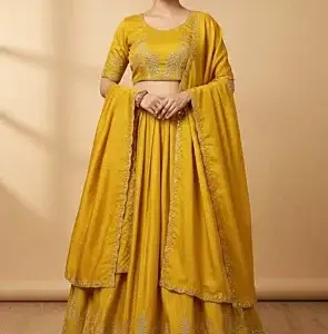 Embroidered Art Silk Lehenga in Yellow