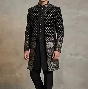 Embroidered Art Silk Sherwani in Black