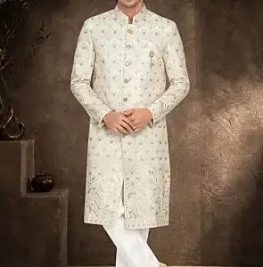 Embroidered Art Silk Sherwani in Off White