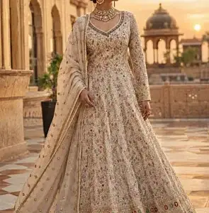 Embroidered Georgette Abaya Style Suit in Beige
