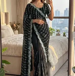 Embroidered Satin Silk Scalloped Saree in Black