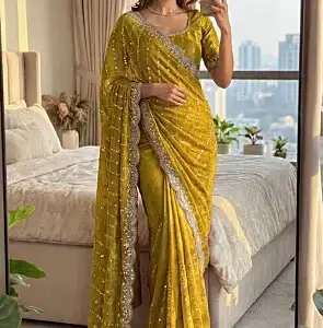 Embroidered Satin Silk Scalloped Saree in Light Olive Green